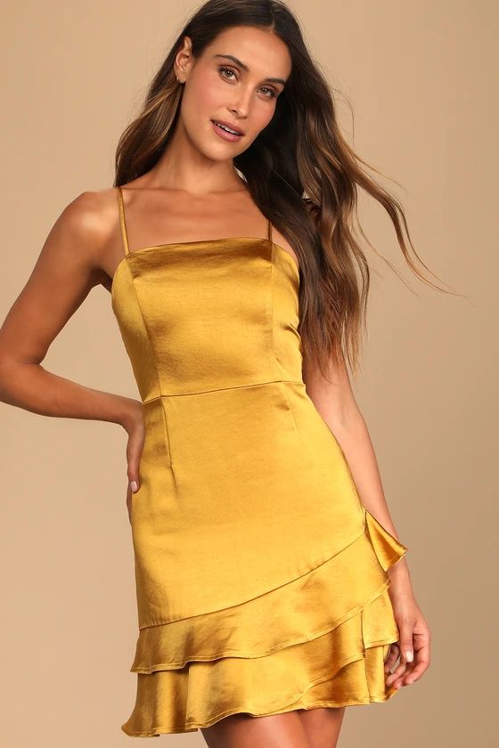 Dreams Come True Mustard Yellow Satin Ruffled Mini Dress | Lulus (US)