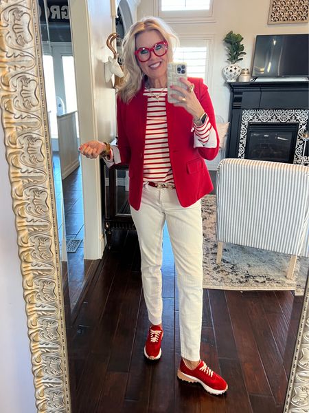 🚨Promo codes
Outfit of the day inspiration❤️🤍

Elevated casual/business 

Spanx Air essentials strip boatneck shirt
Buttery soft, tts and a staple pieces you’ll wear on repeat❤️🤍
🚨Save 10% with code for  SPANX =
DEARDARCYXSPANX

Kut from kloth Diana  jeans- they say skinny jean but they fit me like at straight leg…if you have a slender leg they will fit straight not skinny. Fit true to size.

Gibsonlook blazer notch in red fits tts 
🚨Save 10% off with code DARCy10

Red belt Amazon find two pack 

Amazon find designer inspired earrings 
$12 best seller

Buddha girl bangles

Red tennis shoes handmade Italian 
Madison Masion save 15% DARCY15
Not linkable shop madisonstylr.com



#LTKworkwear #LTKfindsunder100 #LTKstyletip