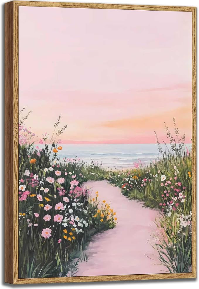 Framed Pink Coastal Seascape Wall Art Spring Wildflower Sky Beach Painting Picture Wall Decor Mod... | Amazon (US)
