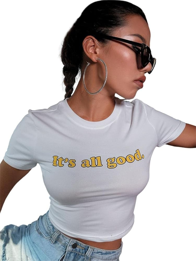 SOLY HUX Women's Slogan Graphic Crop Tee Round Neck Casual Summer Tee Tops | Amazon (US)