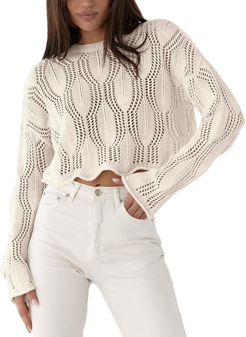 Goranbon Womens Crochet Knit Sweaters Long Sleeve Y2k Cropped Crewneck See Through Pullovers Holl... | Amazon (US)