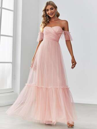 EVER-PRETTY Off Shoulder Frilled Ruffle Hem Mesh Bridesmaid Dress | SHEIN