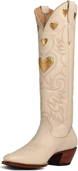 Alsoloveu Embroidered Cowboy Boots Women Heart pattern Knee High Cowgirl Boot Chunky Heel Pull On... | Amazon (US)