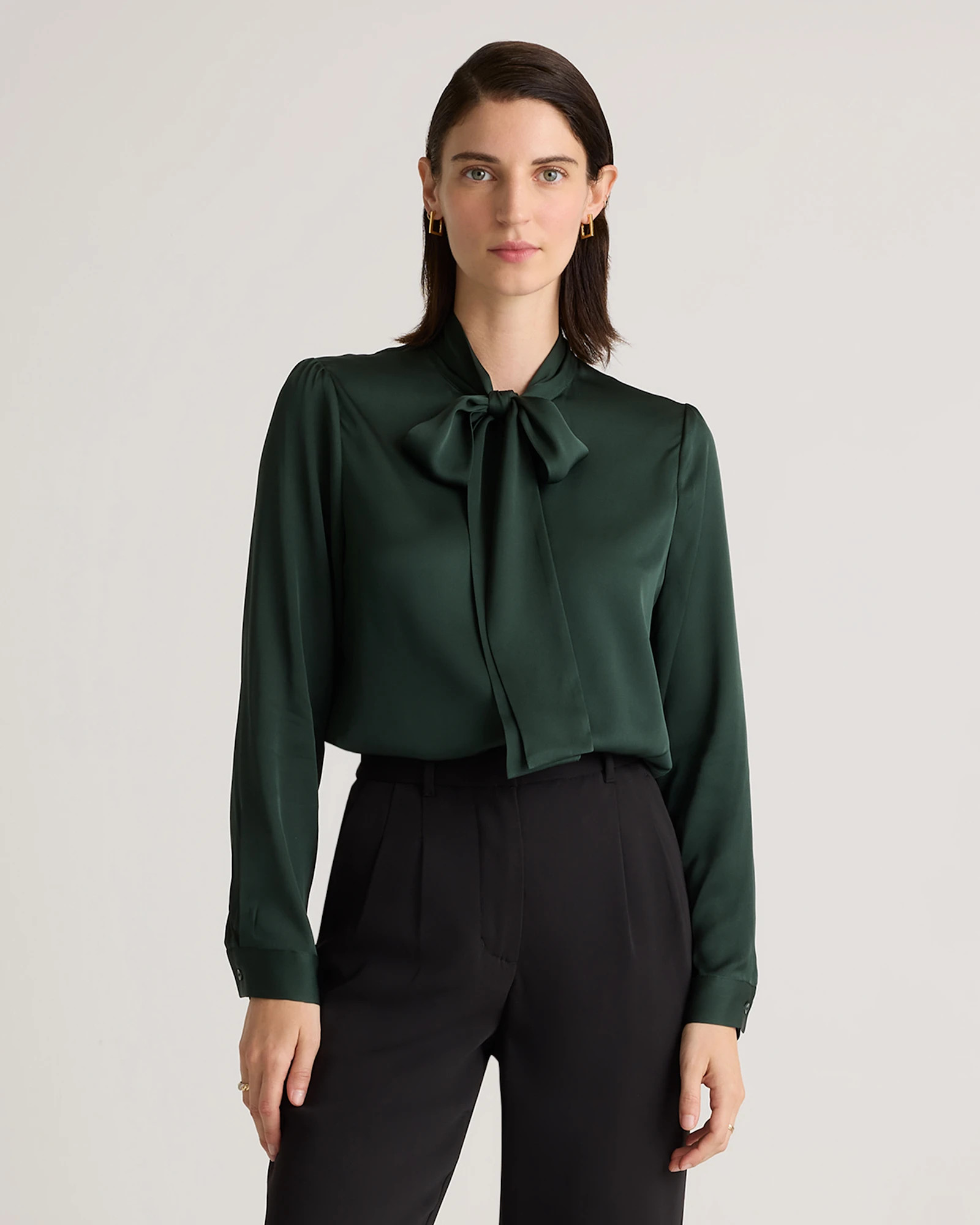 Quince | Women's Washable Stretch Silk Tie Neck Blouse in Forest Green, Size Small | Quince
