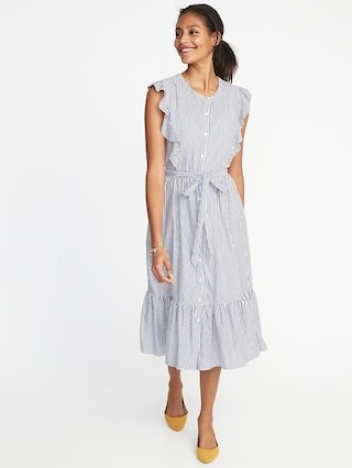 Flutter-Sleeve Tie-Belt Midi Shirt Dress for Women | Old Navy US