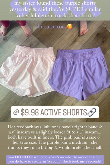 lululemon Track That 5” shorts and Sam’s Club 4” active shorts - can’t beat the $10 price tag on these similar pair! 

#LTKActive #LTKfitness #LTKfindsunder50