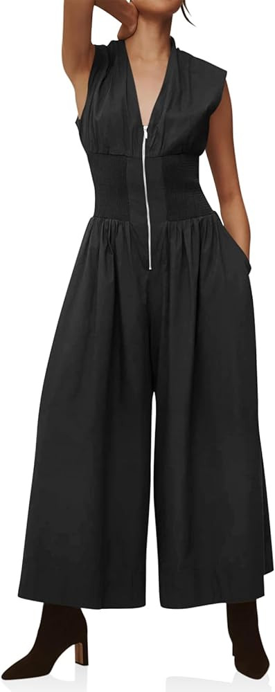 Cicy Bell Womens V Neck Casual Dressy Jumpsuits Smocked Zip Up Sleeveless Wide Leg Jumpsuit Summe... | Amazon (US)
