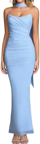 EYNMIN Corset Maxi Wedding Guest Dresses for Women with Scarf Strapless Tube Elegant Bodycon Ruch... | Amazon (US)