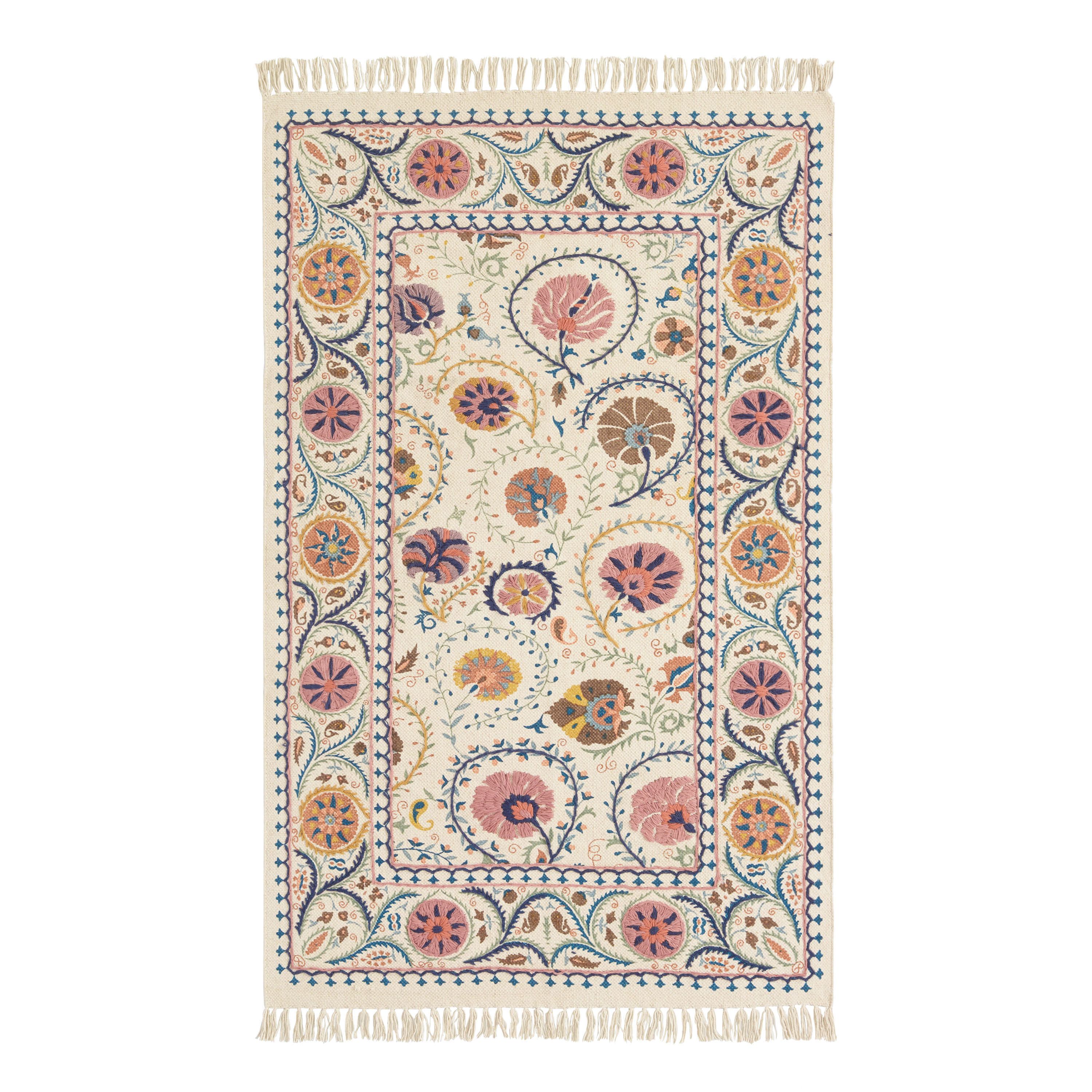 Jaipur Blush Floral Embroidered Cotton Area Rug | World Market