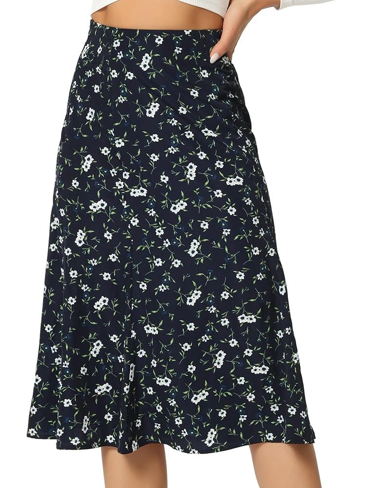 Allegra K Women's Floral Midi Skirt Peasant Elastic Waist A-Line Ditsy Leave Print Skirts | Amazon (US)