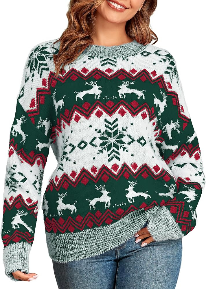 ZAFUL Christmas Sweaters for Women Snowflake Reindeer Long Sleeve Crewneck Oversized Sweater Fuzz... | Amazon (US)