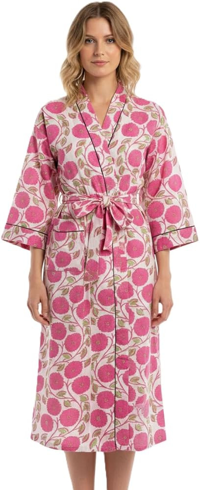 COTSILER Cotton Block Print Kimono Robe for Women Long Bathrobe with Belt & Pockets For Summer Li... | Amazon (US)