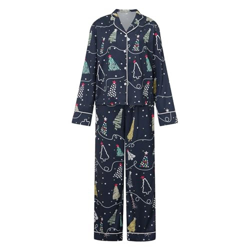 Meiweileya Women Christmas Pajamas Sets for Women Satin Silk Bow Santa Print Cute Pj Pajama Set Xmas Pjs Loungewear Holiday Jammies Dark Blue | Amazon (US)