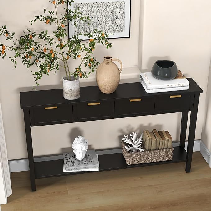 KINTNESS 60” Long Black Console Table with 4 Drawers, 2-Tier Foyer Cabinet, Narrow Entryway Tab... | Amazon (US)