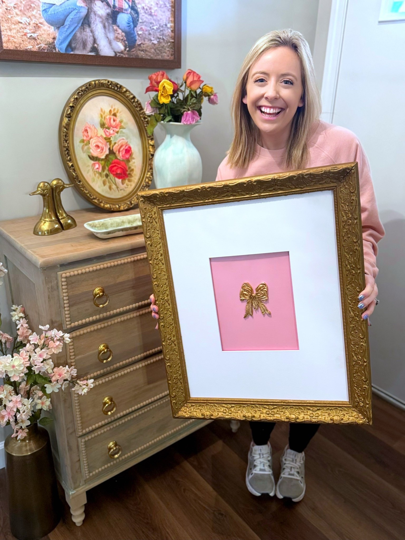 Antique frames
Intaglio mold
Picture frame mats 
Bow theme
Pink bows
Gold frame 

#LTKHome