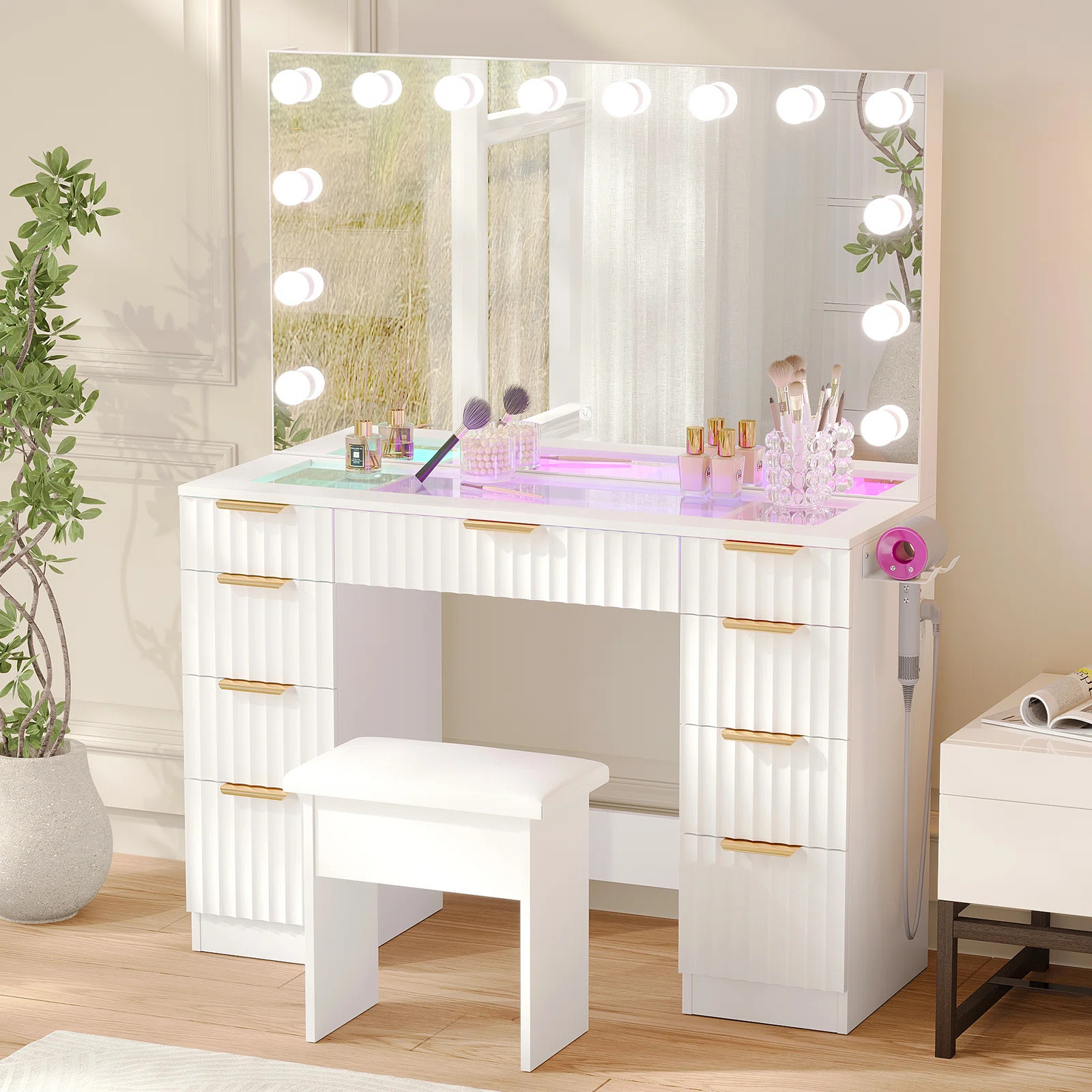 43" Glass Top Makeup Vanity With Mirror and Outlet, Makeup Table with 3-Color Mode Smart RGB Ambi... | Wayfair North America