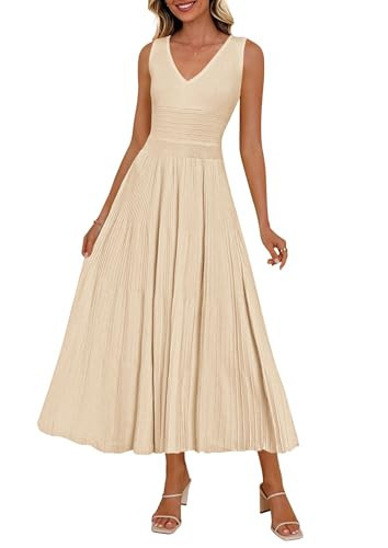 PRETTYGARDEN Summer Dresses for Women 2026 Spring Sleeveless V Neck Knit A Line Casual Midi Cocktail Wedding Guest Dress(Beige,Medium) | Amazon (US)