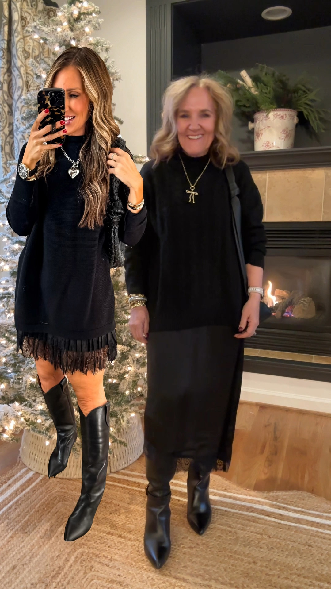I loved Sarah’s look, but I don’t wear skirts that short. Found this asymmetrical lace trim skirt and knew just what to do with it. 

Boots I size up 1/2 size they’re really great. Leather with an elastic panel inset but plenty wide without it. And I had wider athletic calves. 

My bow necklace 20% off code NANETTE20. You buy the necklace and charm separately. 

Love my slouchy bag. It’s been a favorite. 

Black skirt tall black boots dsw Vince camuto Anthropologie purse bow necklace 

#LTKMidsize #LTKOver40 #LTKHoliday
