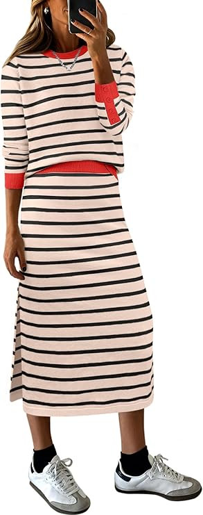 Women 2 Piece Outfits Striped Sweater Skirt Sets Fall Casual Long Sleeve Pullover Top Lounge Trav... | Amazon (US)