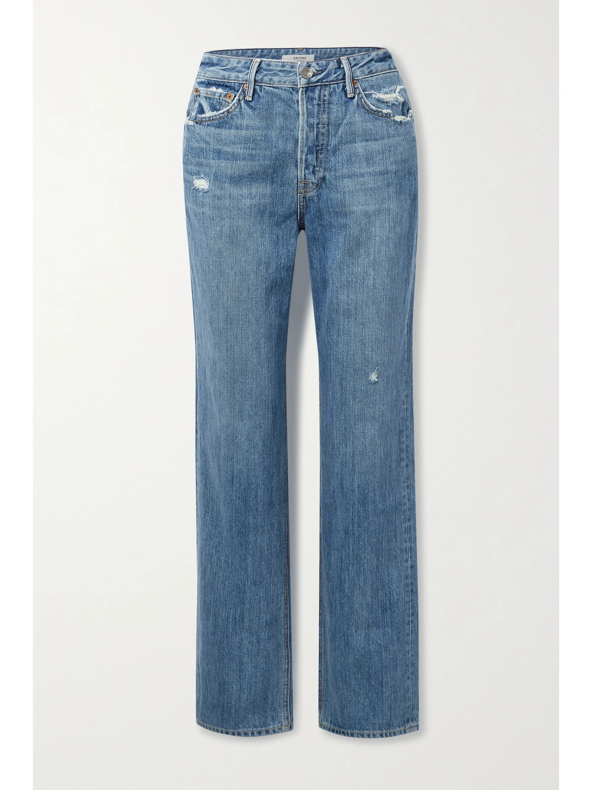 Mid denim Mica distressed high-rise straight-leg jeans | GRLFRND | NET-A-PORTER | NET-A-PORTER (US)