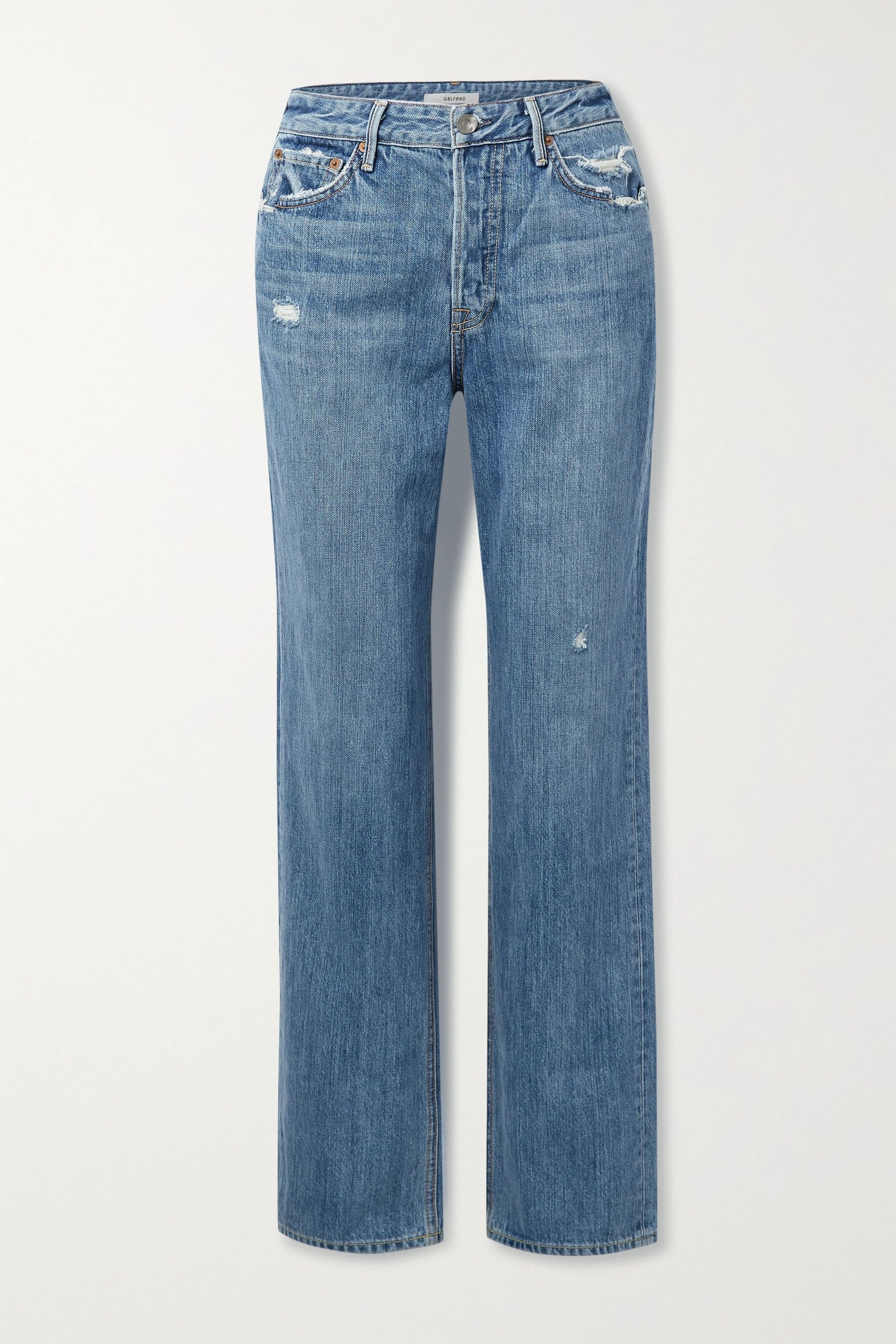 Mid denim Mica distressed high-rise straight-leg jeans | GRLFRND | NET-A-PORTER | NET-A-PORTER (US)