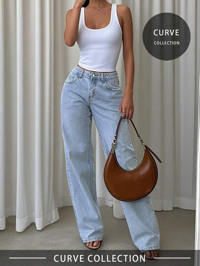Plus Size Vintage Blue Loose Wide Leg Jeans, Women's, Casual Versatile, Slimming, Spring/Summer N... | SHEIN