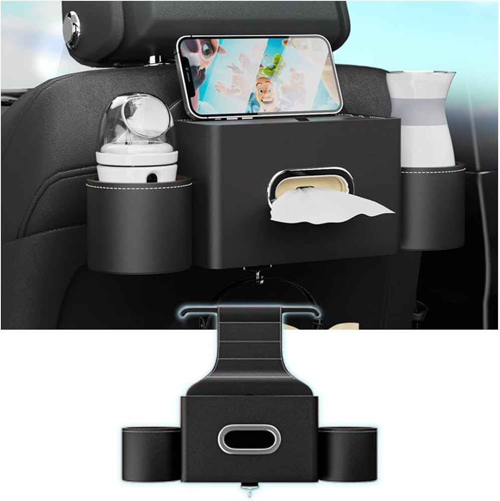 Seat Back Organizer, Full Leather Cover Tissue Case Headrest Storage Box with 2 Cup Holders and H... | Amazon (US)