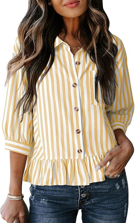 Dokotoo Cropped Button Down Striped Shirt 3/4 Length Sleeve Womens Tops Dressy Casual Blouses Bab... | Amazon (US)