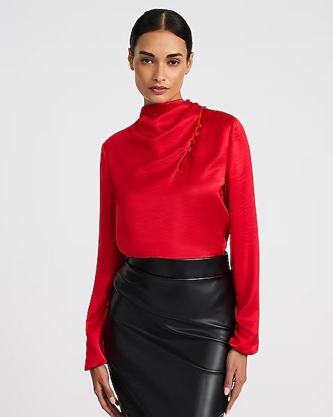 Satin Button Mock Neck Long Sleeve Top | Express