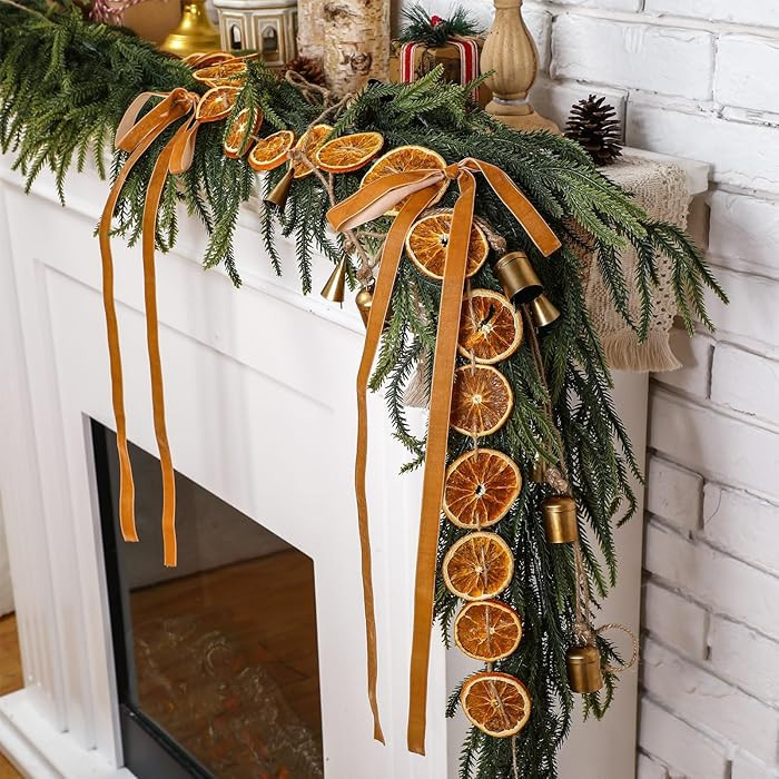 6FT Christmas Garland Decoration Realistic Norfolk Pine Greenery with Dried Orange Slices Velvet ... | Amazon (US)