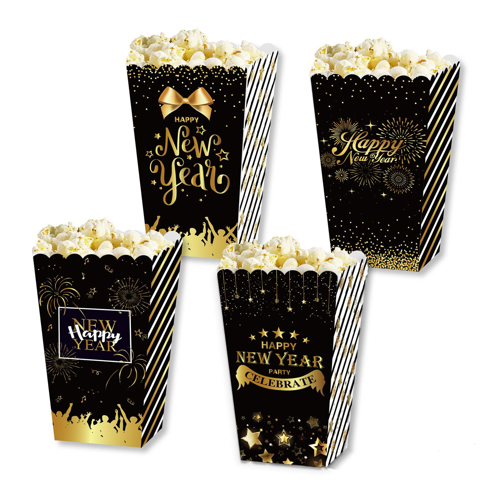 12 Pcs Happy New Year Popcorn Box New Year's Eve Theme Party Black Gold Popcorn Favor Boxes Candy... | Amazon (US)