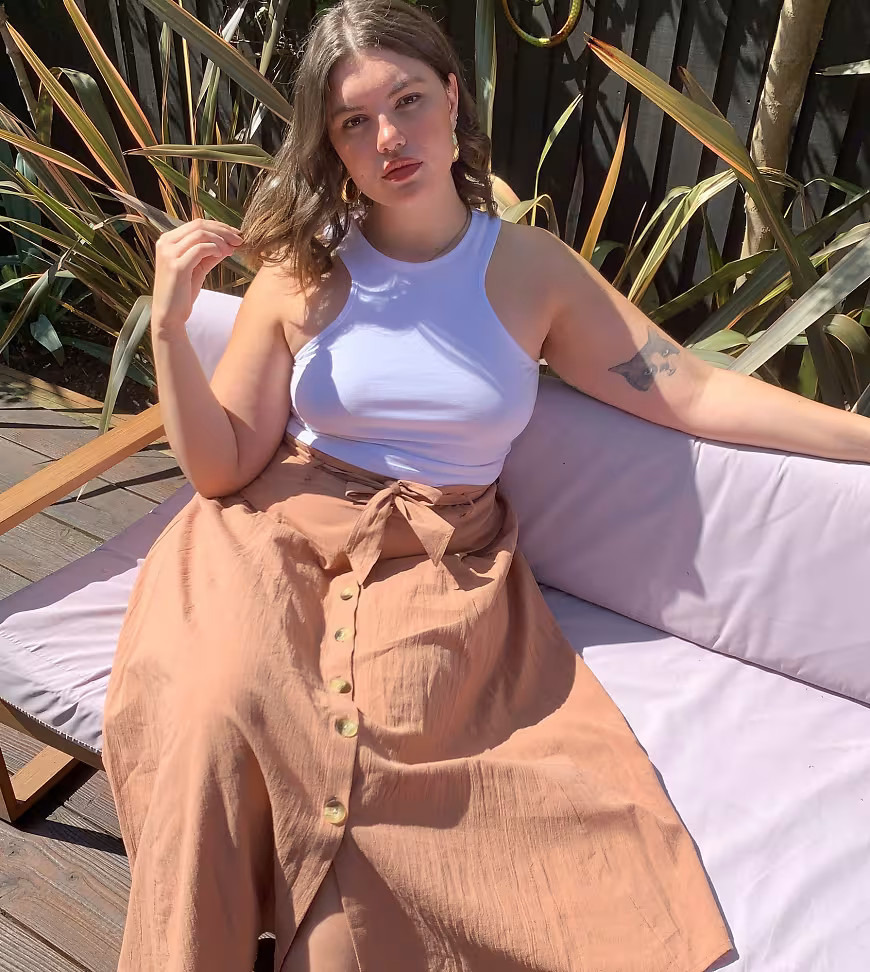 ASOS DESIGN Curve belted button down midi skirt in brown-Multi | ASOS (Global)