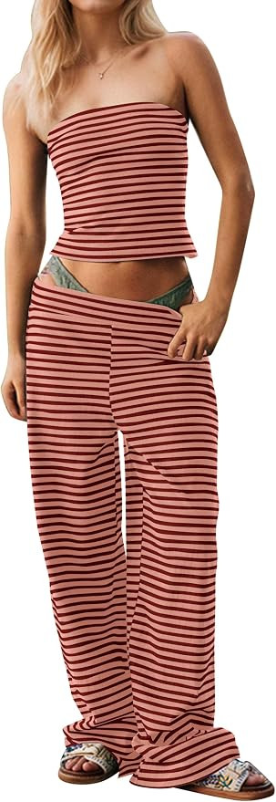 MISSACTIVER Women Two Piece Sets Striped Matching Outfits Strapless Crop Tube Top and Elastic Wai... | Amazon (US)
