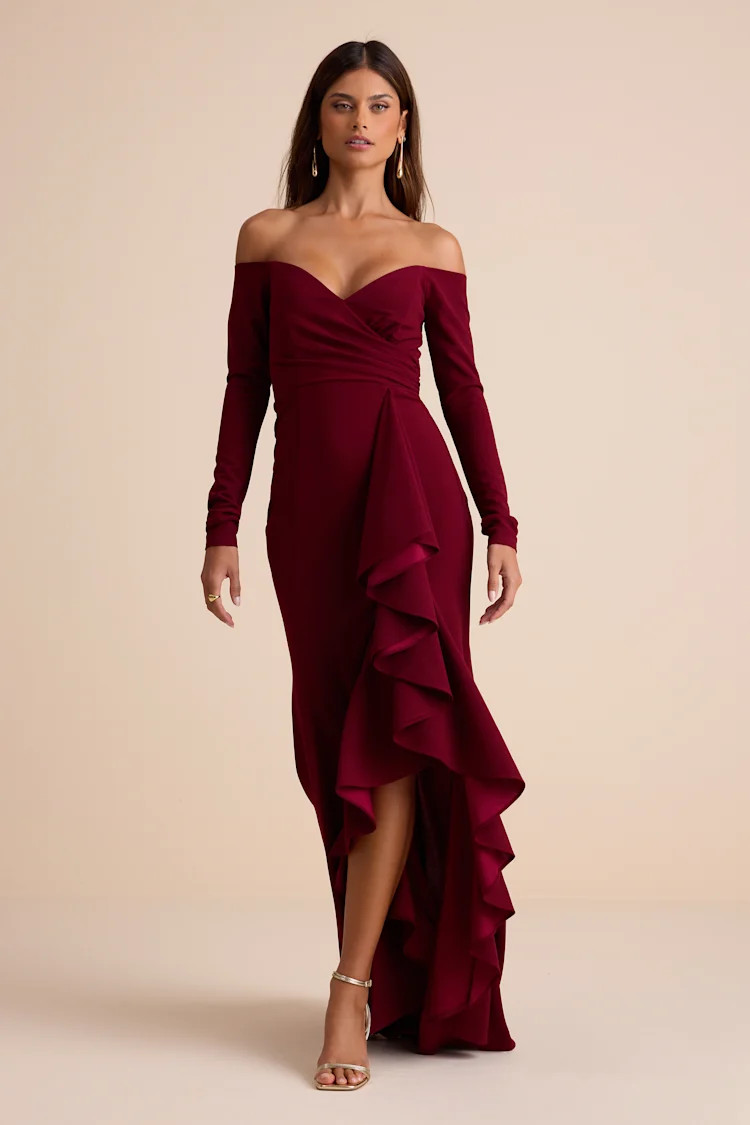 Notorious Perfection Wine Off-the-Shoulder Ruffled Maxi Dress | Lulus