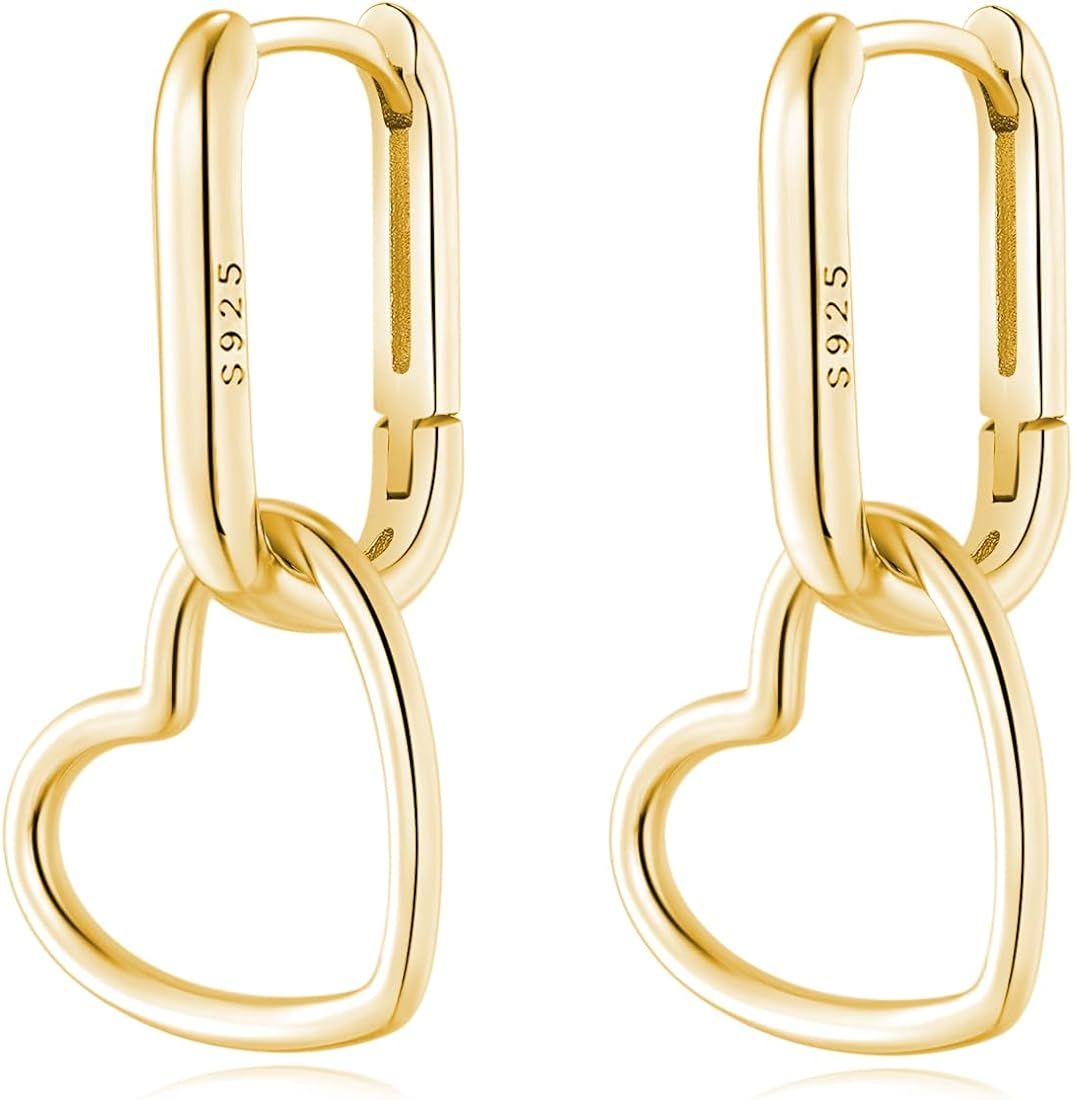 Reffeer Solid 925 Sterling Silver Heart Drop Earrings Hoop for Women Teen Girls Minimalist U Hoop... | Amazon (US)