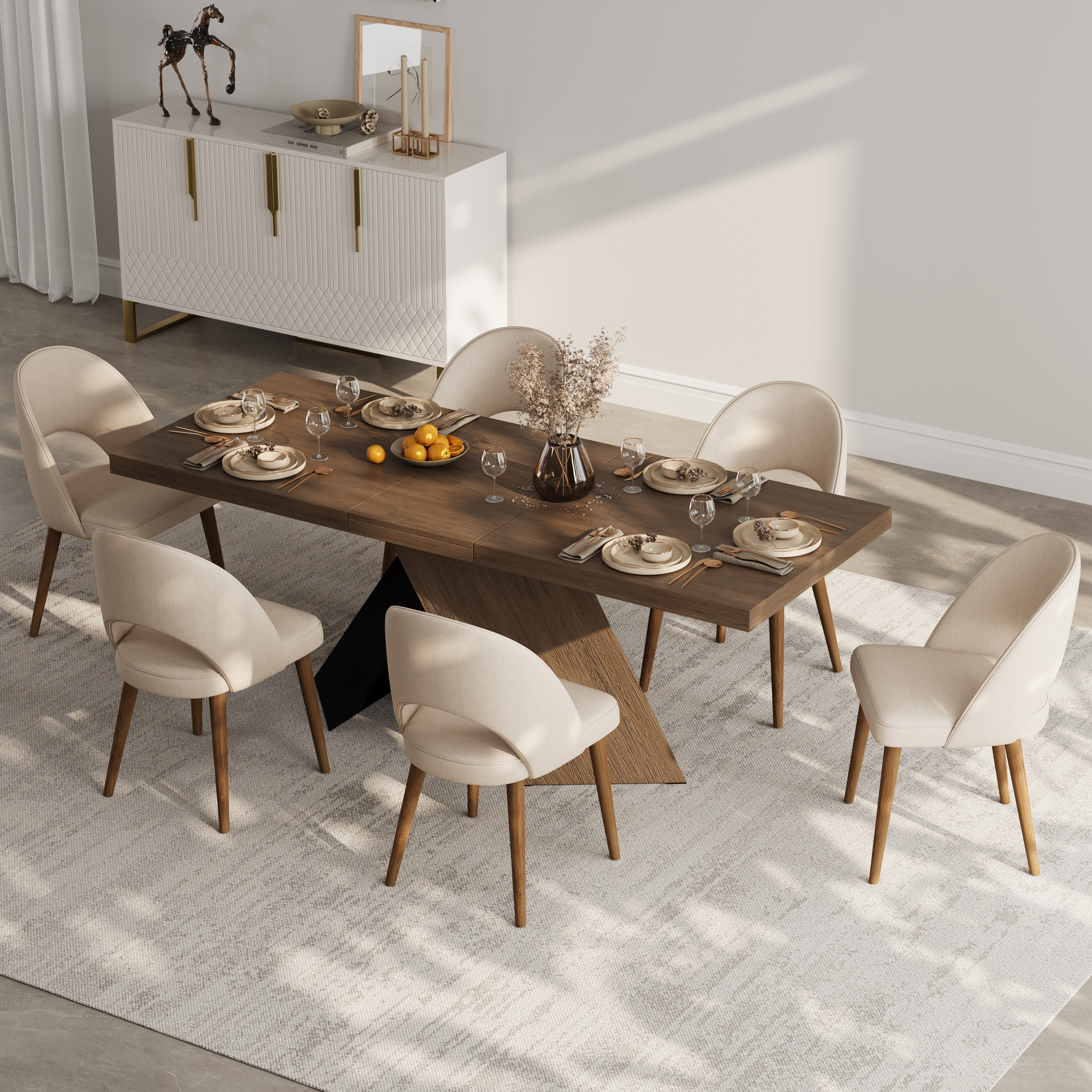 Dining Table Set 64"-79" Rectangle Extendable Dining Table & 6 Archic Japandi Rattan Dining Chairs | Homary