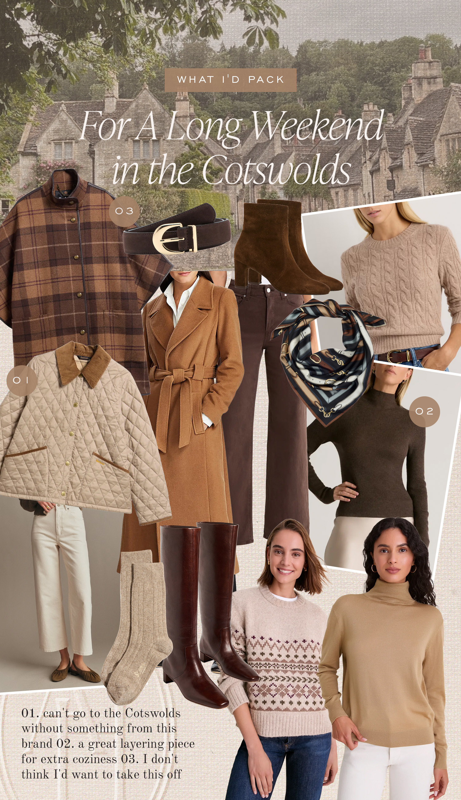Long weekend in the Cotswolds complete with a quilted jacket, plaid cape, Fair Isle sweater, cozy layer and riding boots.  

 #LTKootd #LTKTravel