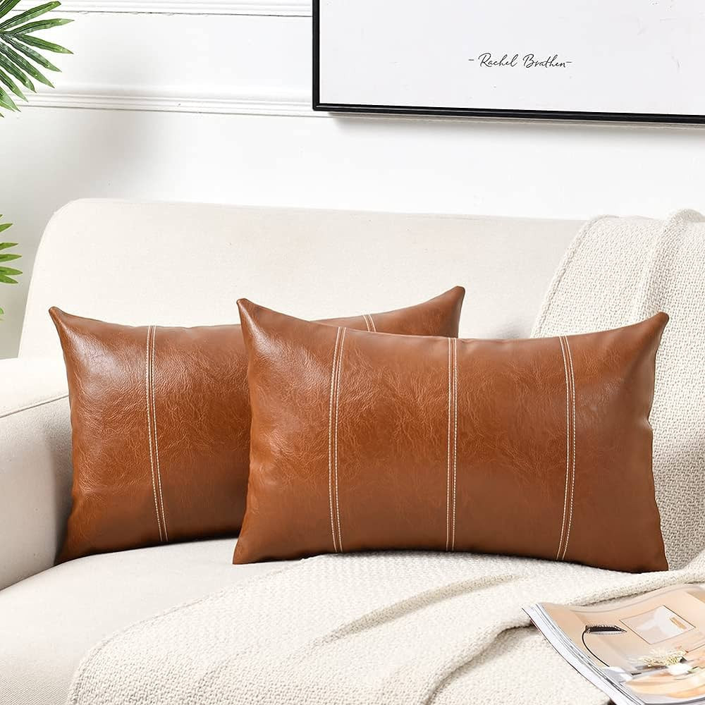 Fancy Homi 2 Packs Brown Boho Lumbar Faux Leather Decorative Throw Pillow Covers 12x20 Inch for L... | Amazon (US)
