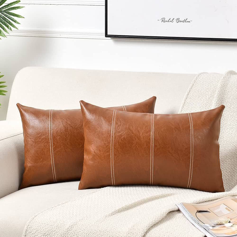 Fancy Homi 2 Packs Brown Boho Lumbar Faux Leather Decorative Throw Pillow Covers 12x20 Inch for L... | Amazon (US)