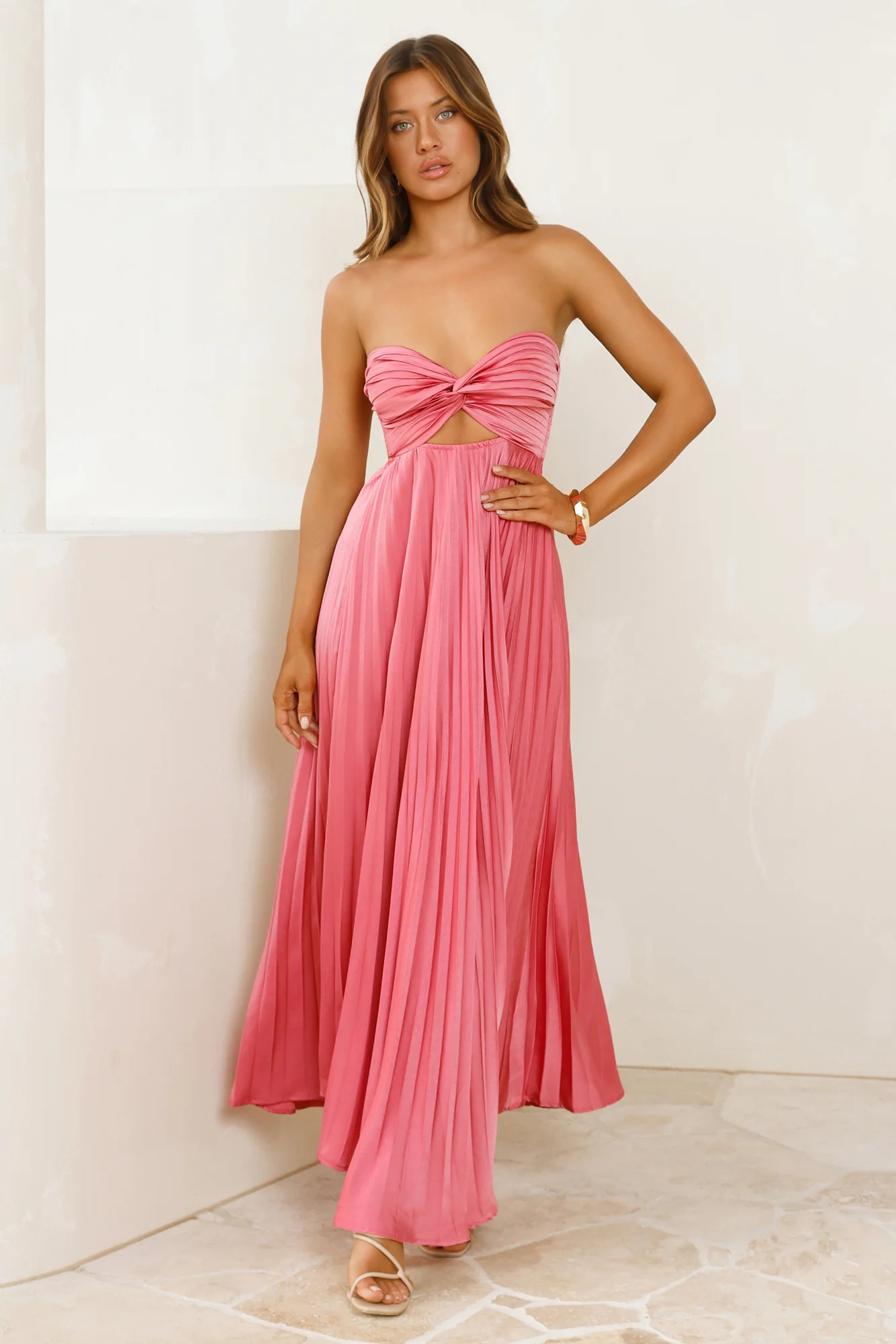 Vibes Are Priceless Strapless Satin Pleated Maxi Dress Rose | Hello Molly (US)