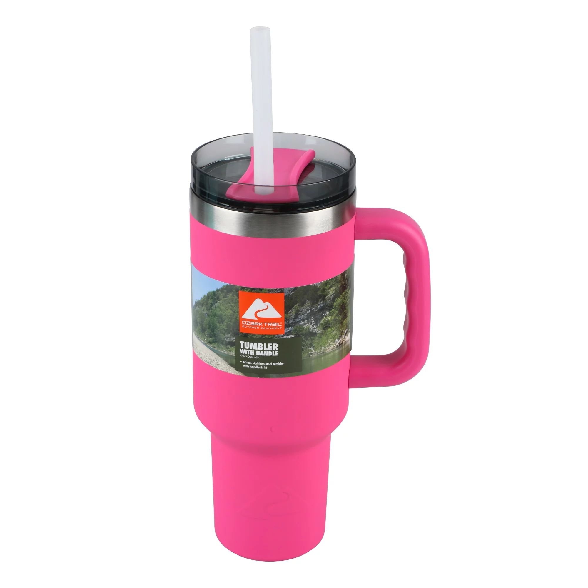 Ozark Trail 40 oz Vacuum-Insulated Stainless-Steel Tumbler with Handle, Hot Pink - Walmart.com | Walmart (US)