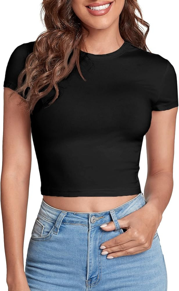 Verdusa Women's Casual Basic Cap Sleeve Slim Fitted Round Neck Crop Tee Top | Amazon (US)