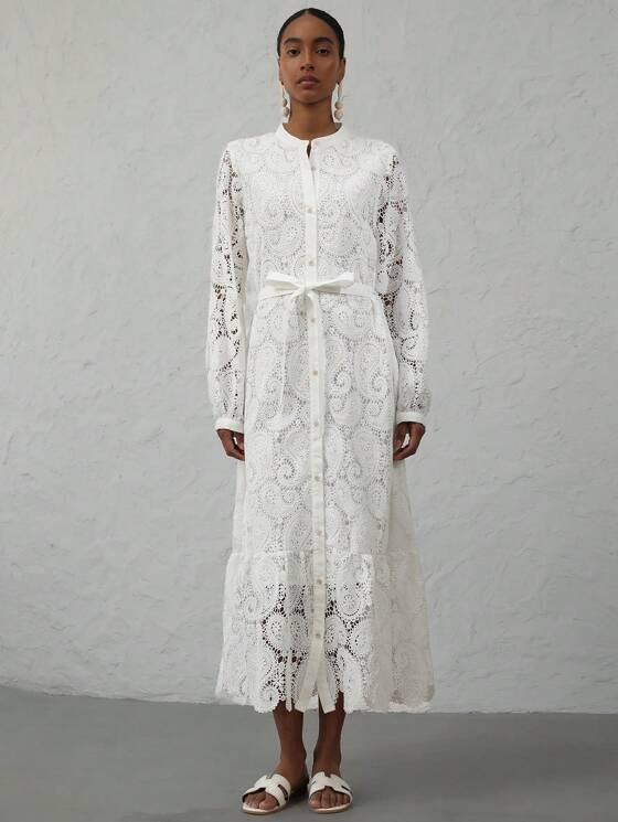 Aveloria Modichic French Romantic Lightweight Short Dress, Lace Textured Fabric With Self-Tie Wai... | SHEIN