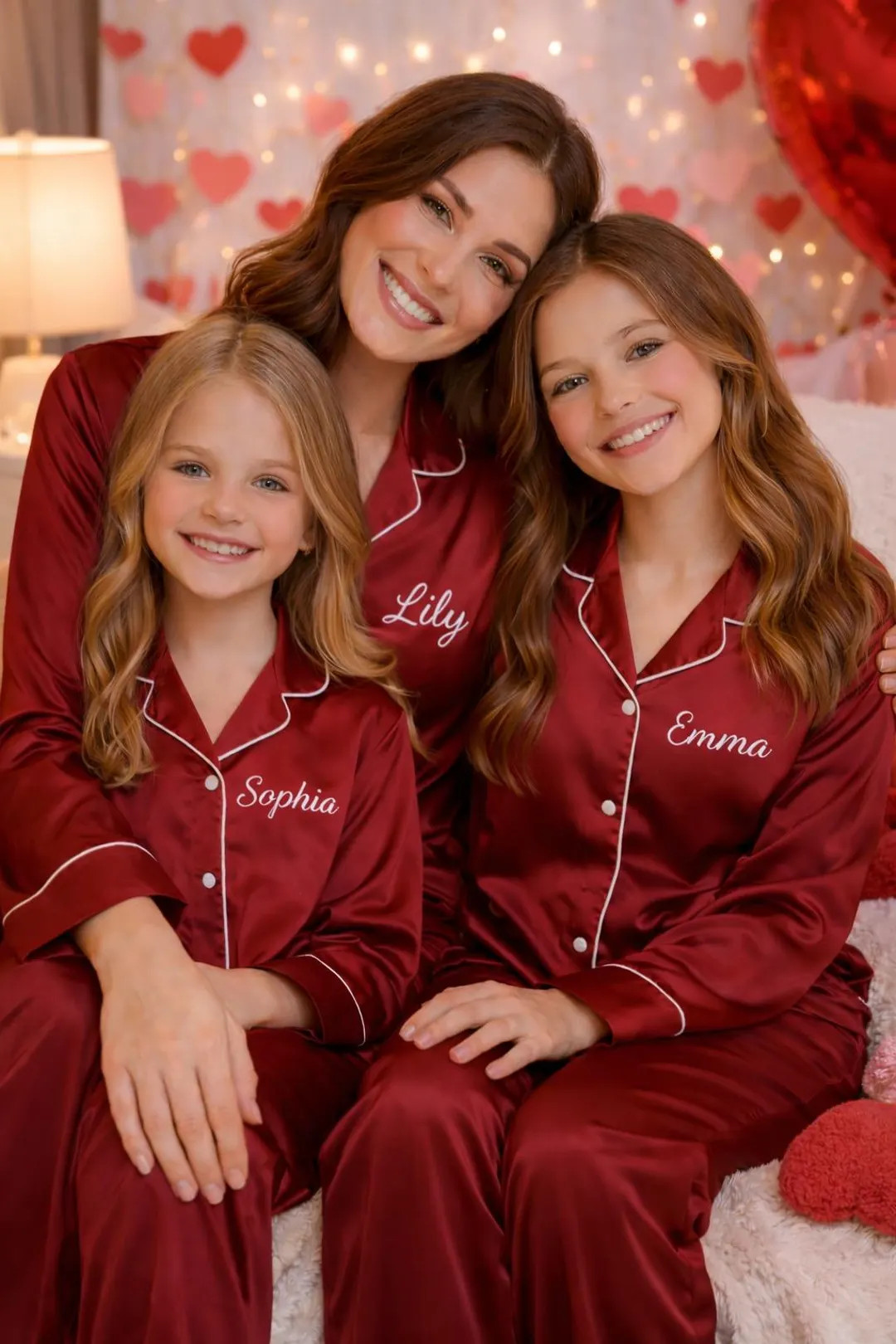 Mom and Kids Matching Valentine Pajamas, Personalized Satin Pajamas, Mommy and Me PJ Set, Custom ... | Etsy (US)