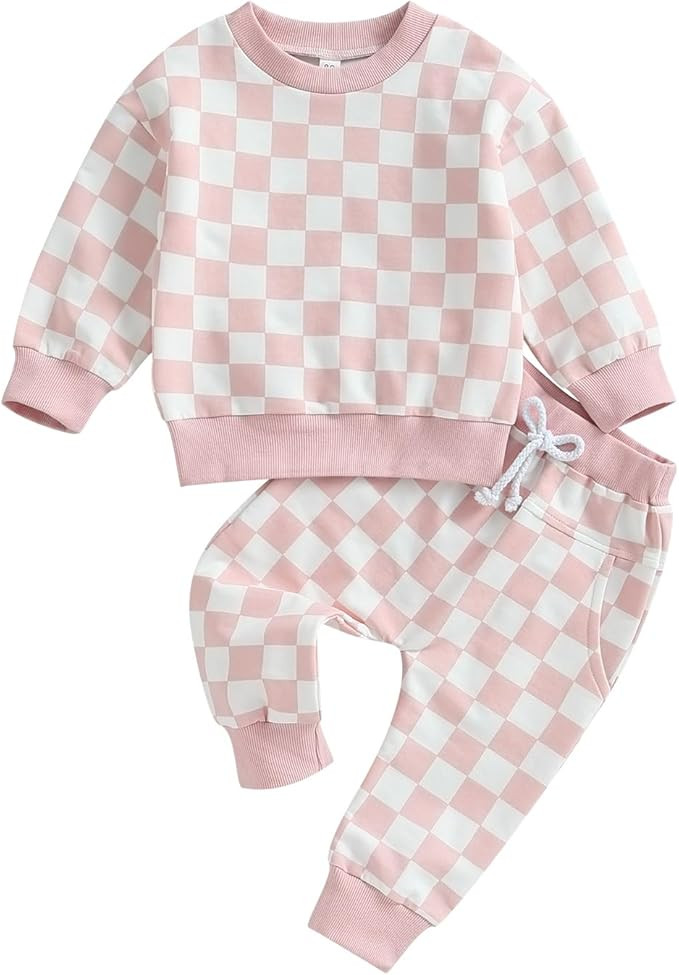 Karwuiio Toddler Baby Boy Girl Clothes Checkerboard Print Long Sleeve Sweatshirt Tops and Pants F... | Amazon (US)
