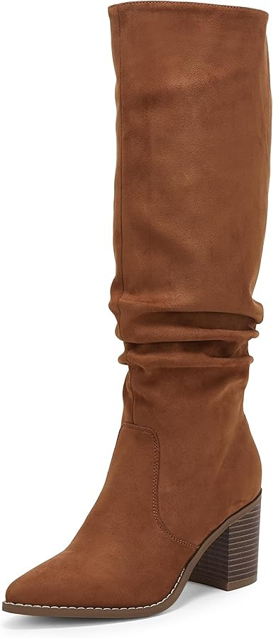 Huiyuzhi Womens Pointed Toe Mid Chunky Heel Side Zipper Knee High Boots Tall Booties | Amazon (US)