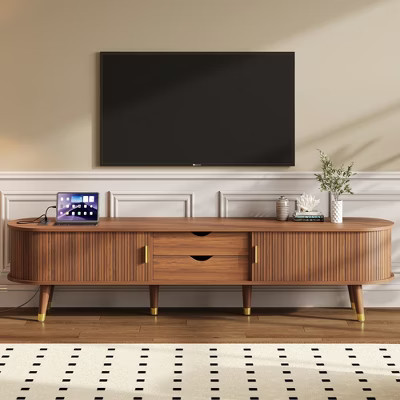 Gulches Walnut Wooden Oval Fluted TV Stand - 80" TV Support, Charging Station, 360° Sliding Tambour Door, Golden Handles | Target