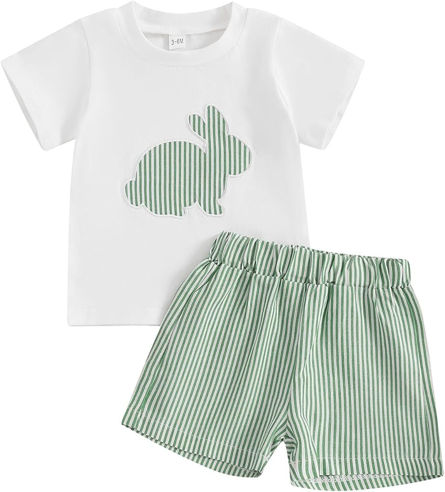 Toddler Baby Boy Easter Rabbit Outfit Short Sleeve Bunny Carrot Smocked T-shirt Elastic Waist Sho... | Amazon (US)