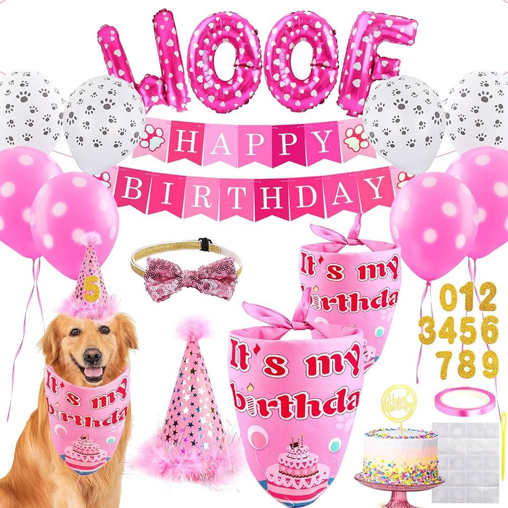 Dog Birthday Party Supplies - Dog Girl Birthday Bandanas Set with Dog Birthday Hat, Scarf, Birthd... | Amazon (US)
