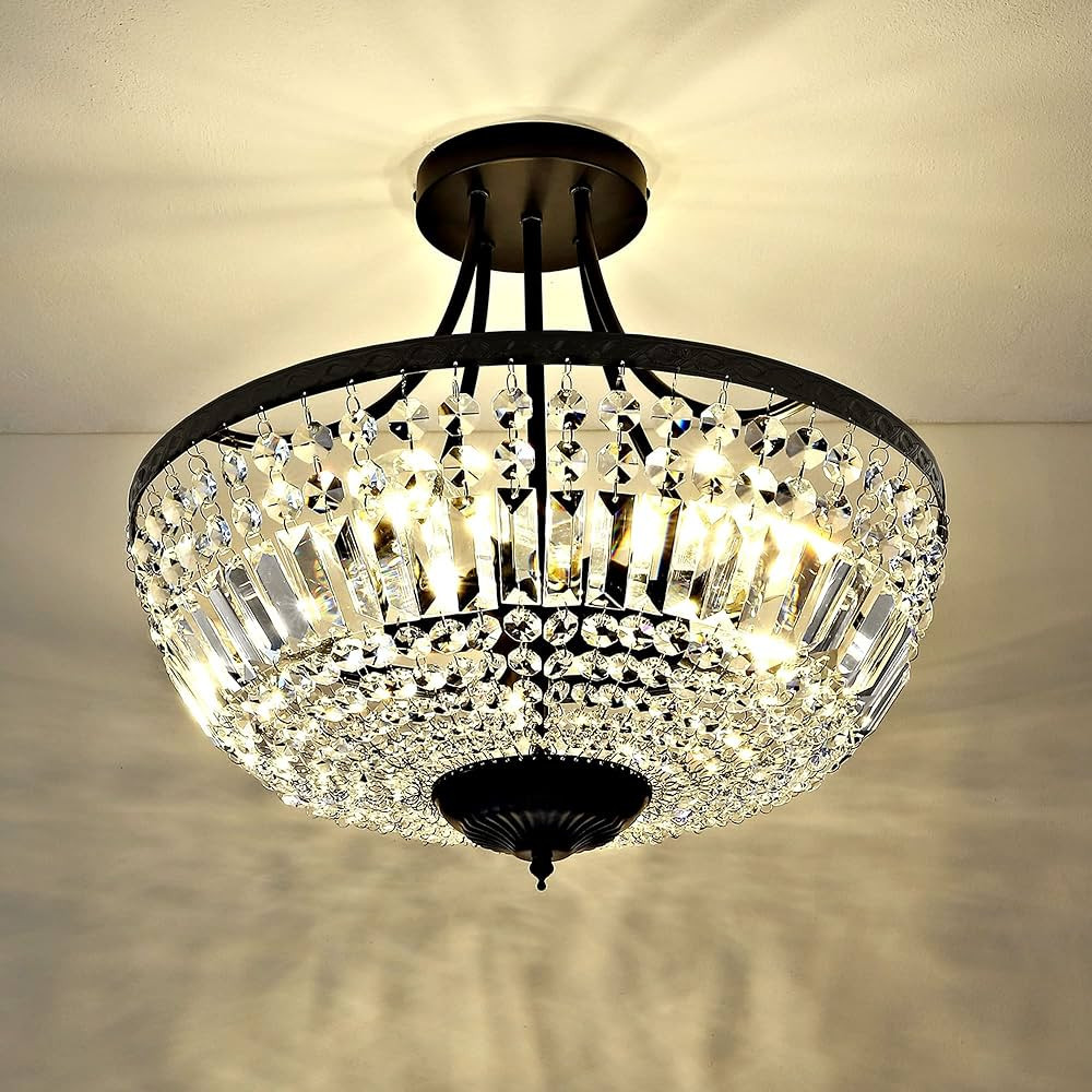 WINGBO 5-Light Crystal Ceiling Light Fixture, Semi Flush Mount Chandelier, Modern Round Ceiling H... | Amazon (US)